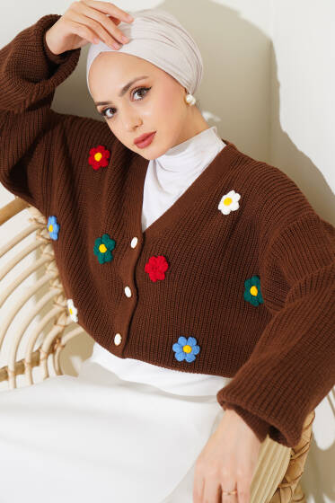 Çiçekli Kısa Triko Hırka Kahve - Hırka