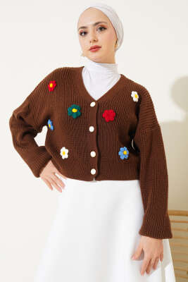 Çiçekli Kısa Triko Hırka Kahve - Triko Hırka