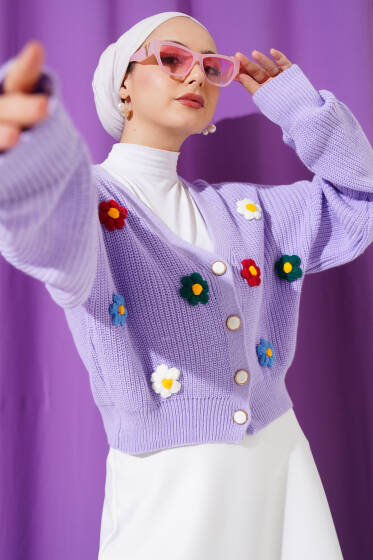 Çiçekli Kısa Triko Hırka Lila - Hırka