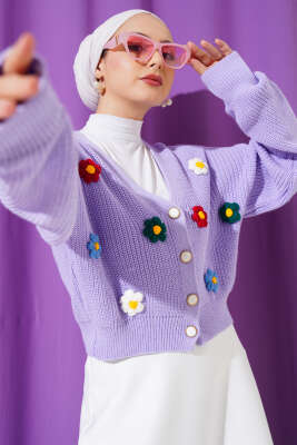 Çiçekli Kısa Triko Hırka Lila - Triko Hırka