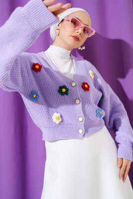 Çiçekli Kısa Triko Hırka Lila - Triko Hırka