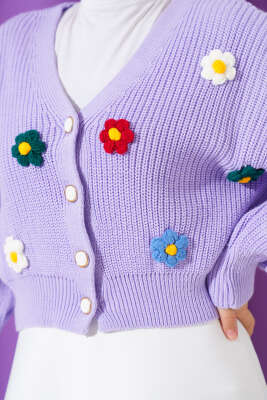 Çiçekli Kısa Triko Hırka Lila - Triko Hırka