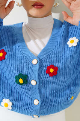 Çiçekli Kısa Triko Hırka Mavi - Triko Hırka