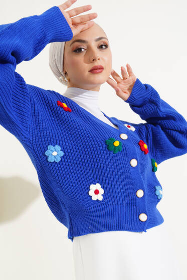 Çiçekli Kısa Triko Hırka Saks - Hırka