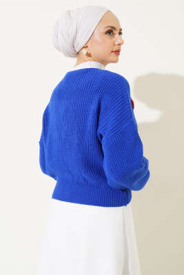 Çiçekli Kısa Triko Hırka Saks - Triko Hırka