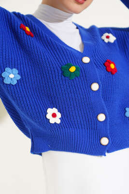 Çiçekli Kısa Triko Hırka Saks - Triko Hırka