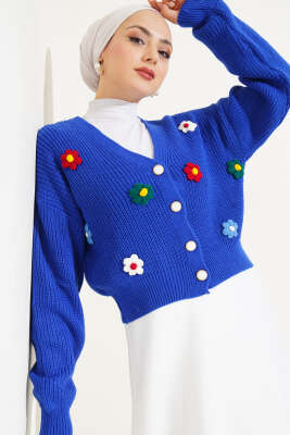 Çiçekli Kısa Triko Hırka Saks - Triko Hırka