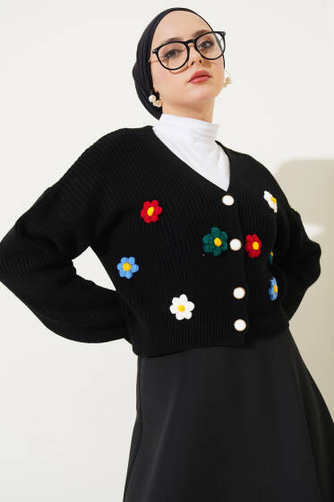 Çiçekli Kısa Triko Hırka Siyah - Triko Hırka