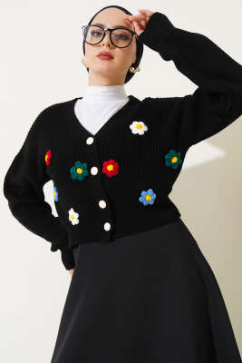 Çiçekli Kısa Triko Hırka Siyah - Triko Hırka