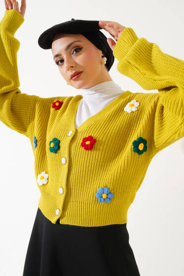 Çiçekli Kısa Triko Hırka Yağ Yeşili - Hırka