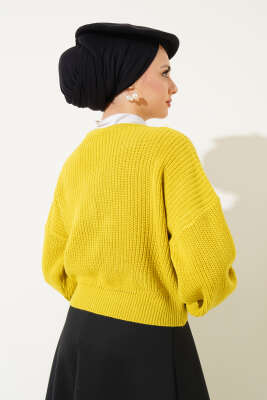 Çiçekli Kısa Triko Hırka Yağ Yeşili - Triko Hırka