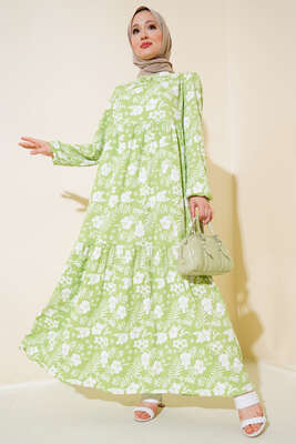 Çiçekli Kol Lastik Elbise Fıstık Yeşili - Thumbnail