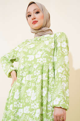 Çiçekli Kol Lastik Elbise Fıstık Yeşili - Thumbnail