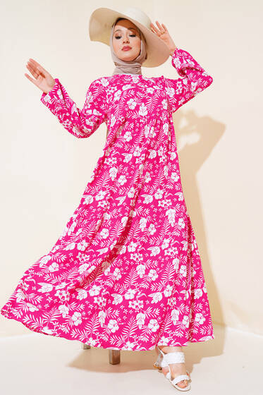 Çiçekli Kol Lastik Elbise Fuşya - Elbise
