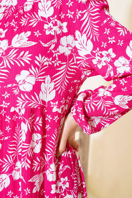 Çiçekli Kol Lastik Elbise Fuşya - Thumbnail