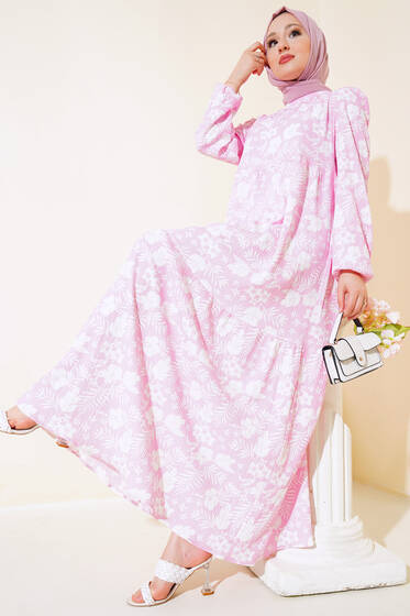 Çiçekli Kol Lastik Elbise Pembe - Elbise