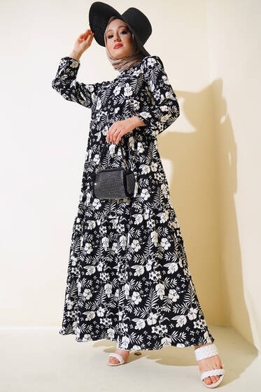 Çiçekli Kol Lastik Elbise Siyah - Elbise