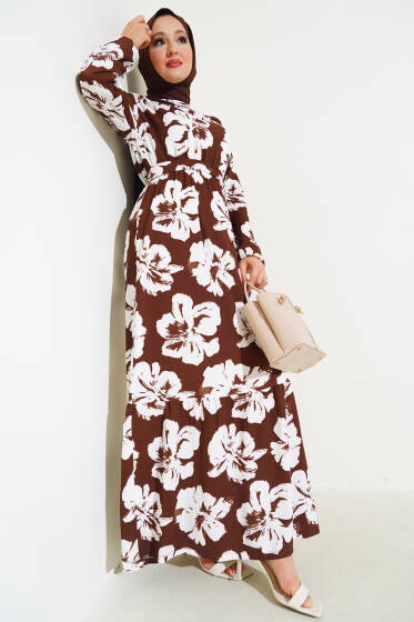 Çiçekli Kuşaklı Bürümcük Elbise Kahve - Elbise
