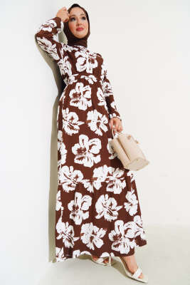 Çiçekli Kuşaklı Bürümcük Elbise Kahve 
