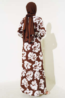 Çiçekli Kuşaklı Bürümcük Elbise Kahve - Tesettür Elbise