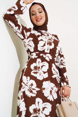 Çiçekli Kuşaklı Bürümcük Elbise Kahve - Tesettür Elbise