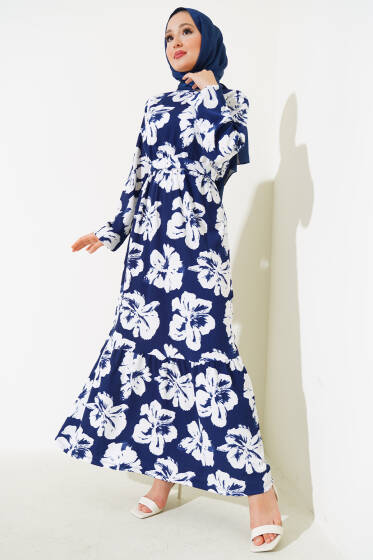 Çiçekli Kuşaklı Bürümcük Elbise Lacivert - Elbise