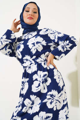 Çiçekli Kuşaklı Bürümcük Elbise Lacivert - Tesettür Elbise