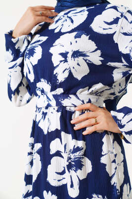 Çiçekli Kuşaklı Bürümcük Elbise Lacivert - Tesettür Elbise