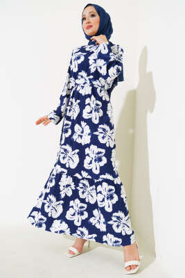 Çiçekli Kuşaklı Bürümcük Elbise Lacivert 