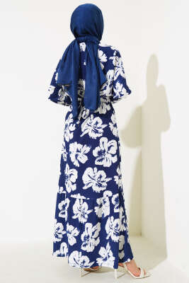 Çiçekli Kuşaklı Bürümcük Elbise Lacivert - Tesettür Elbise