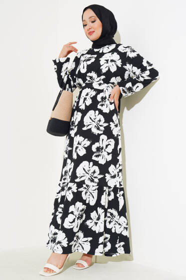 Çiçekli Kuşaklı Bürümcük Elbise Siyah - Elbise