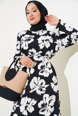 Çiçekli Kuşaklı Bürümcük Elbise Siyah - Tesettür Elbise