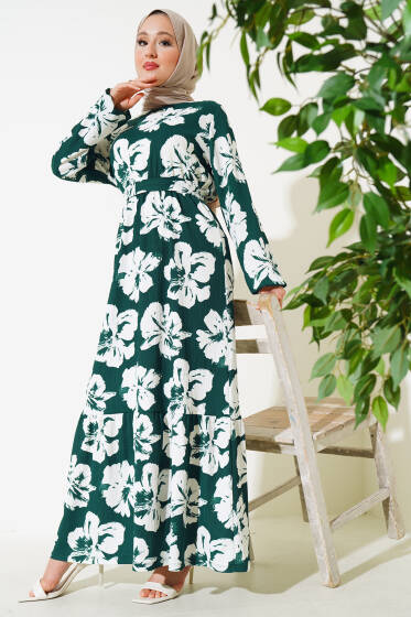 Çiçekli Kuşaklı Bürümcük Elbise Zümrüt - Elbise