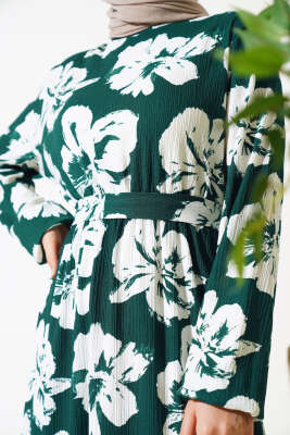 Çiçekli Kuşaklı Bürümcük Elbise Zümrüt - Tesettür Elbise