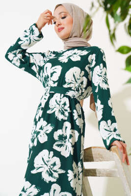Çiçekli Kuşaklı Bürümcük Elbise Zümrüt - Tesettür Elbise