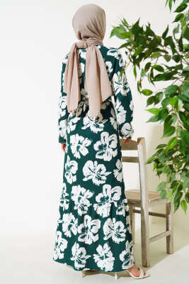 Çiçekli Kuşaklı Bürümcük Elbise Zümrüt - Tesettür Elbise