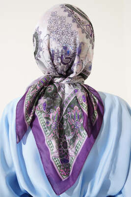 Çiçekli Paisley Desen Eşarp Mor - Başörtüsü