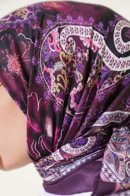 Çiçekli Paisley Desen Eşarp Mürdüm - Başörtüsü