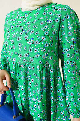 Çiçekli Sarmaşık Desenli Kat Kat Elbise Yeşil - Thumbnail