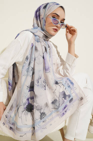 Çiçekli Şerit Geçiş Detaylı Şal Bej - Başörtüsü