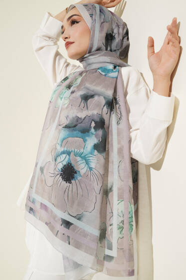Çiçekli Şerit Geçiş Detaylı Şal Taş - Başörtüsü