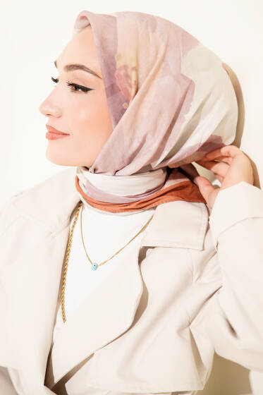 Çiçekli Şeritli Bambu Kraş Eşarp Camel - Başörtüsü