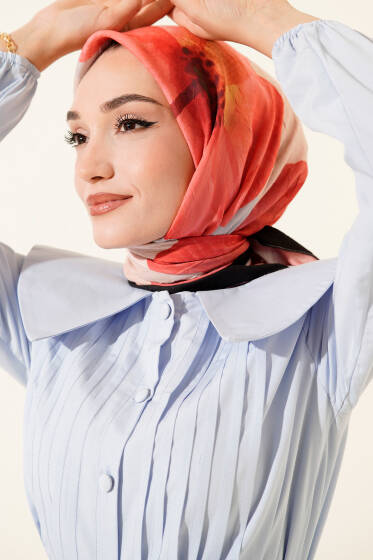 Çiçekli Şeritli Bambu Kraş Eşarp Kırmızı - Başörtüsü