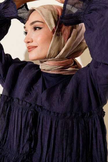 Çiçekli Şeritli Bambu Kraş Eşarp Latte - Başörtüsü