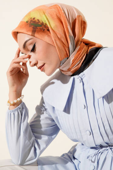 Çiçekli Şeritli Bambu Kraş Eşarp Oranj - Başörtüsü