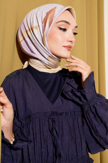 Çiçekli Şeritli Bambu Kraş Eşarp Sarı - Başörtüsü