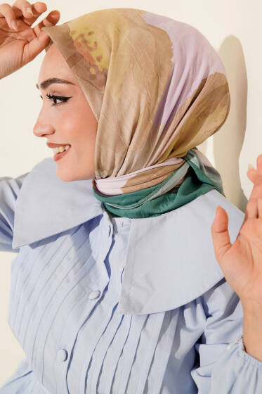 Çiçekli Şeritli Bambu Kraş Eşarp Yeşil - Başörtüsü