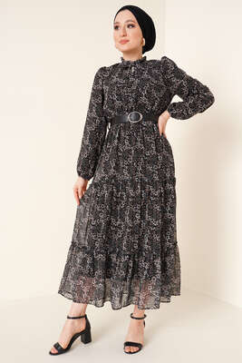 Çiçekli Şifon Elbise Siyah - Thumbnail