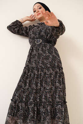 Çiçekli Şifon Elbise Siyah - Thumbnail
