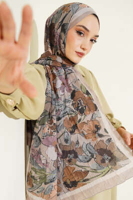 Çiçekli Soft Bambu Kraş Şal Bej - Başörtüsü